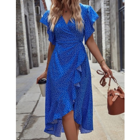 Boho polka dots ruffle hem wrap dress black - Picture 15 of 16